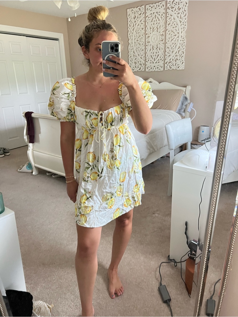 For Love and Lemons Lemon Print Puff Sleeve Mini Dress